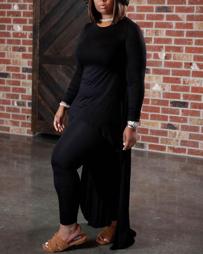 

Plus Size Long Sleeve High Low Hem Top & Pants Set, Black
