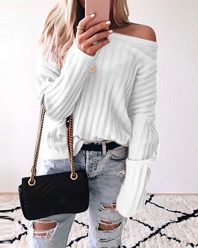 

Solid Long Sleeve Casual Sweater, White