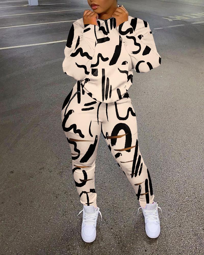 

Allover Print Zip Detail Top & Ladder Cutout Pants Set, Apricot