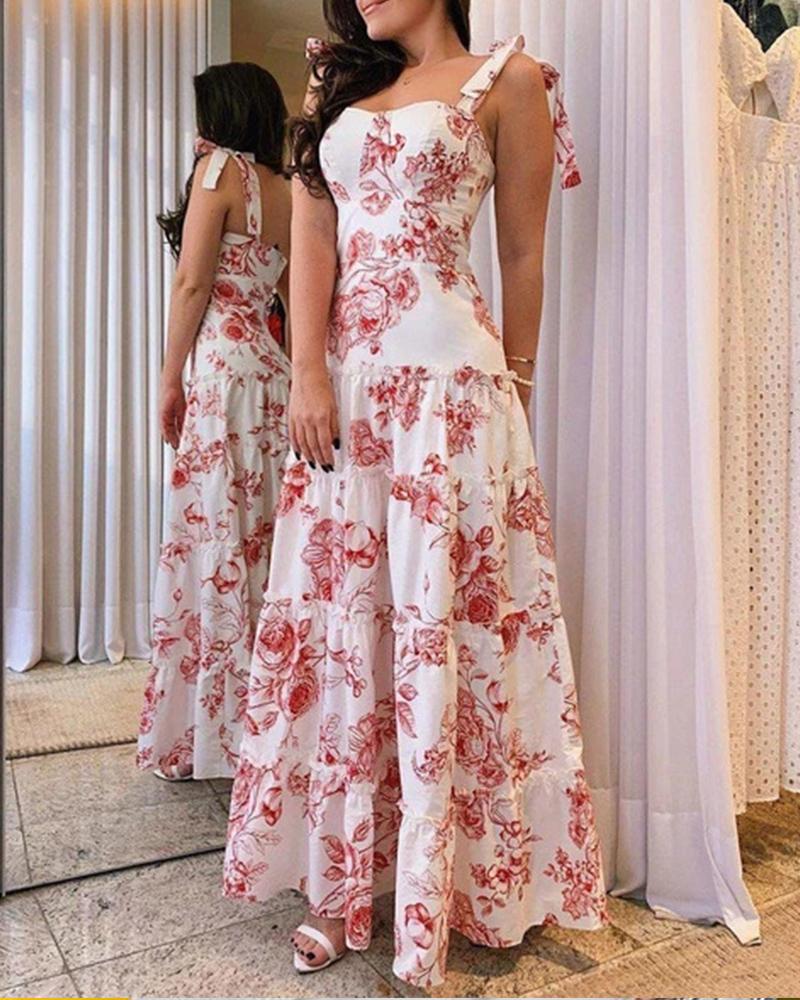 

All Over Print Sling Layered Maxi Dress, Pink