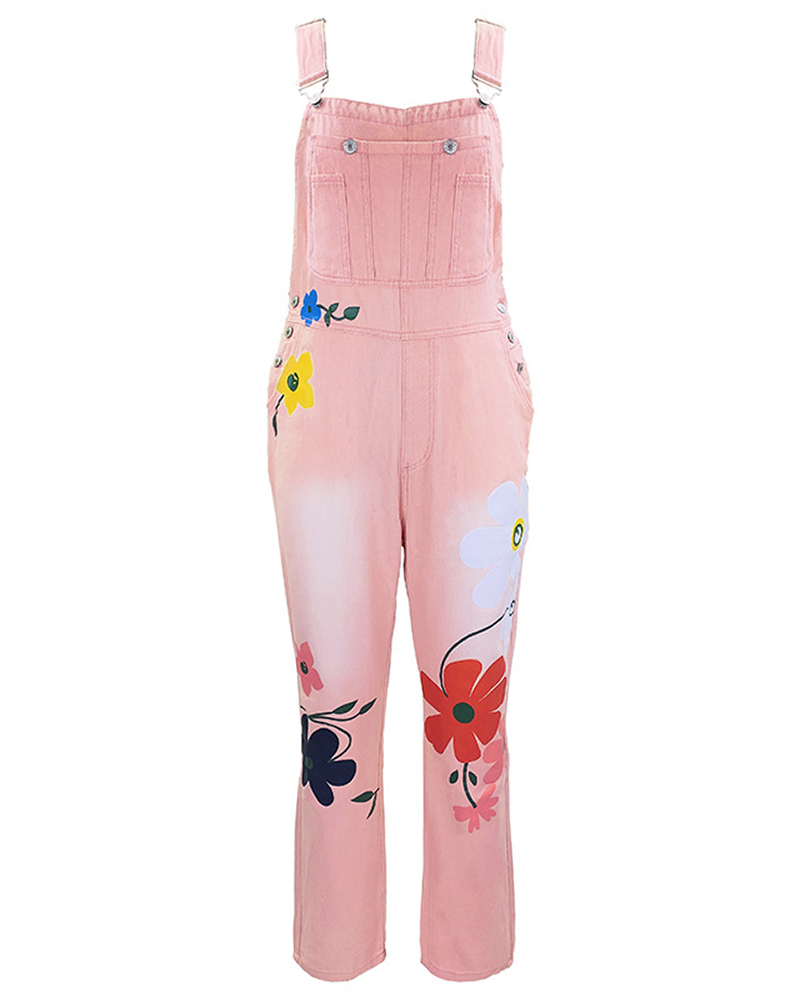 

Floral Print Pocket Design Suspender Denim Jumpsuit, Pink