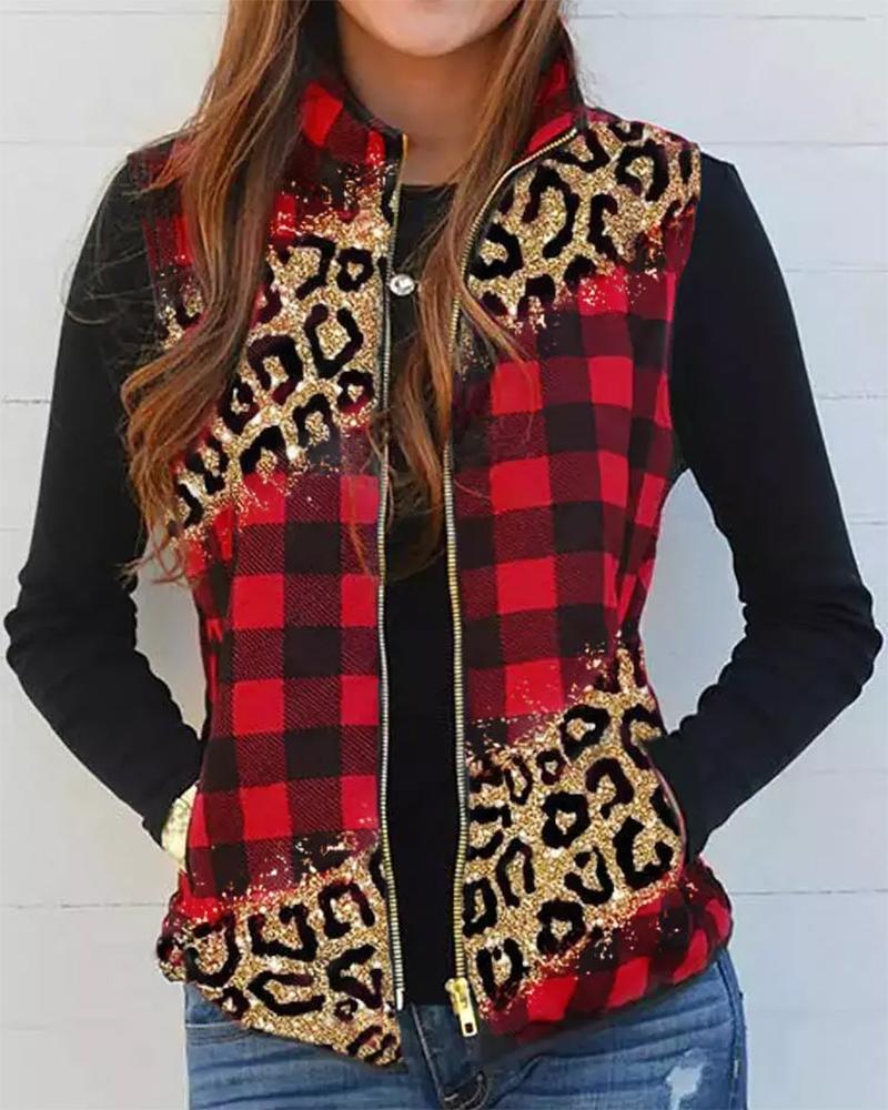 

Cheetah Plaid Print Pocket Design Vest Puffer Coat, Red
