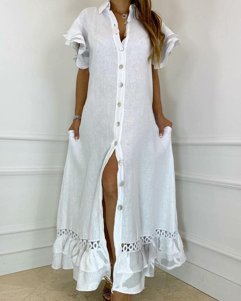 

Solid Color Ruffle Hem Flared Sleeve Maxi Dress, White