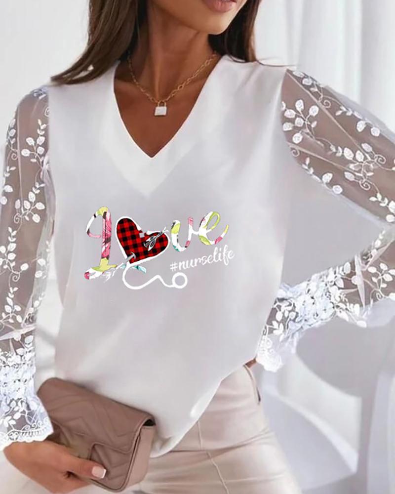 

V-Neck Plaid Heart Print Lace Long Sleeve Top, White