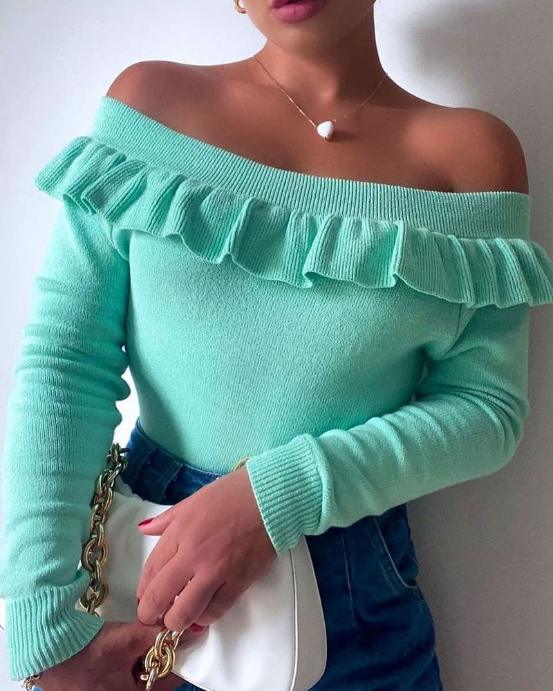 

Ribbed Frill Hem Off Shoulder Sweater, Green