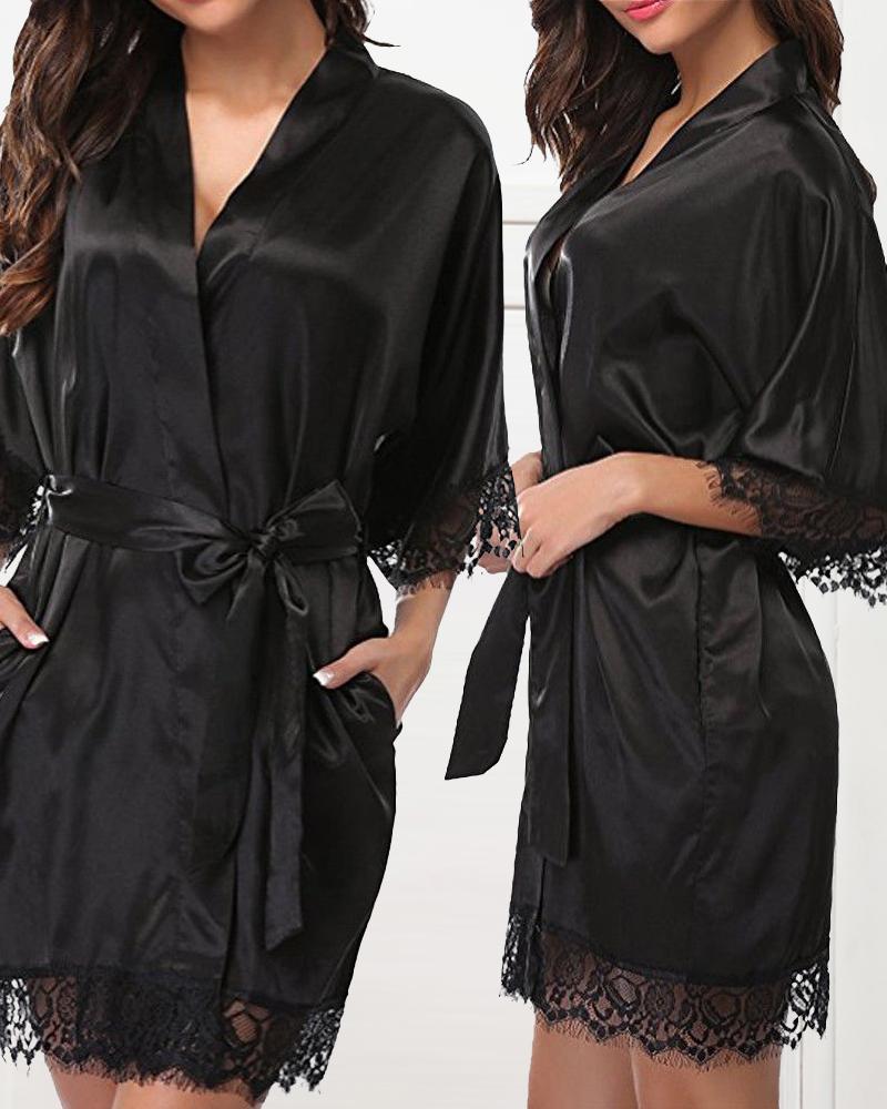 

Contrast Lace Belted Robe With Panty, Black