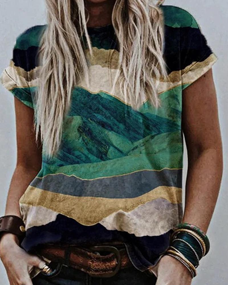 

3D Multicolor Scenery Print Short Sleeve Loose T-shirts, Style5
