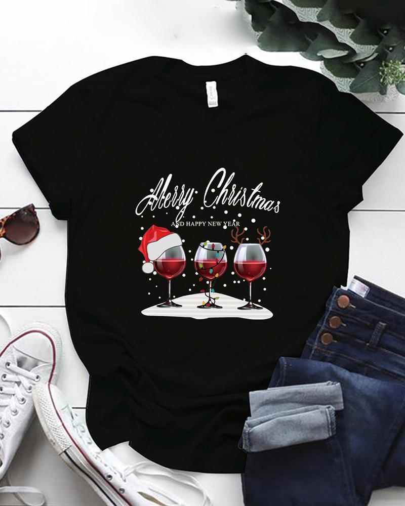 T-shirt à manches courtes à imprimé lettre et verres à vin de Noël