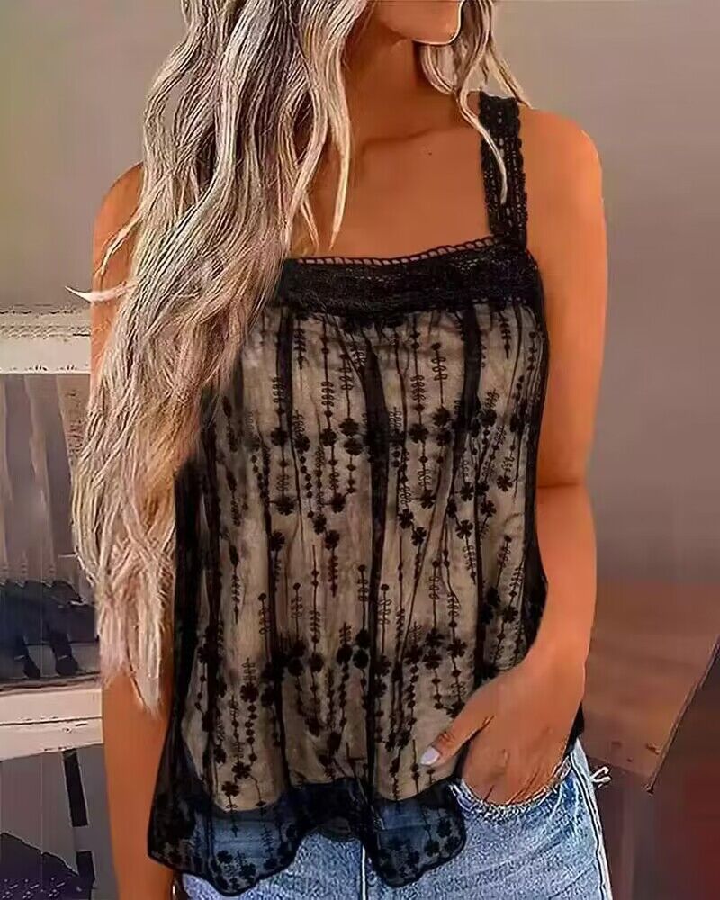 

Lace Patch Square Neck Tank Top, Black