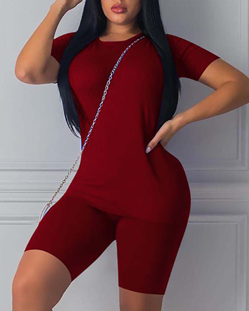 

Solid Short Sleeve Top & Shorts Set, Wine red