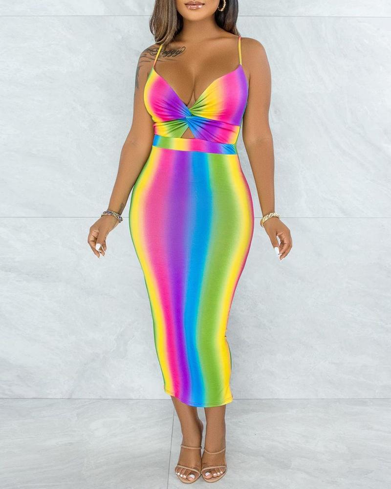 

Rainbow Stripe Twisted Front Backless Maxi Dress, Multicolor