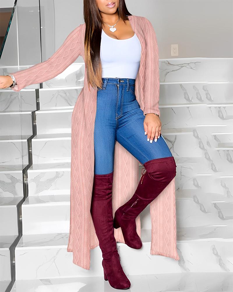 

Long Sleeve Cable Textured Longline Coat, Pink