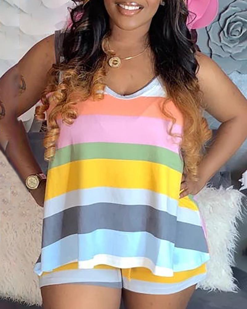 

Striped Print Sleeveless Top & Shorts Set, Yellow