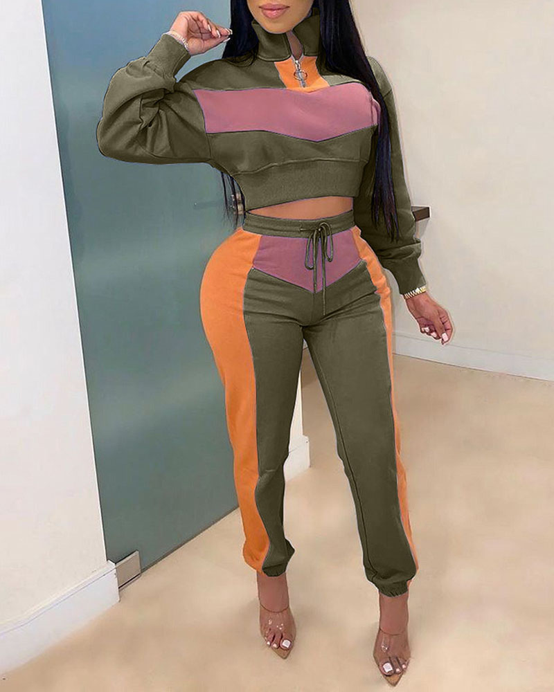 

Colorblock Patchwork Zip Front Top & Drawstring Pants Set, Green