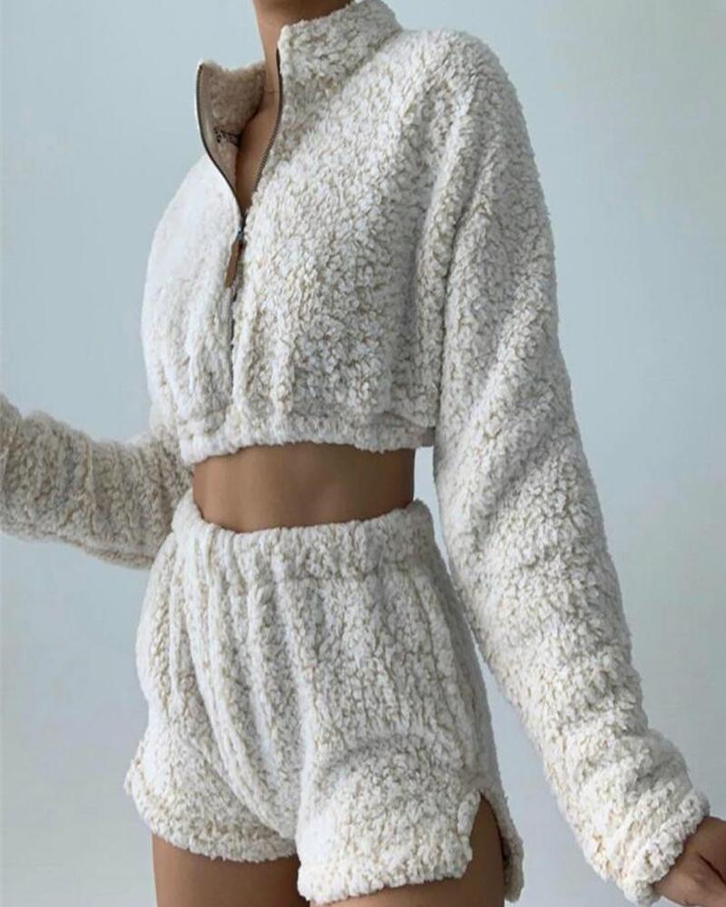 

Long Sleeve Zipper Design Fluffy Coat & Shorts Set, Beige