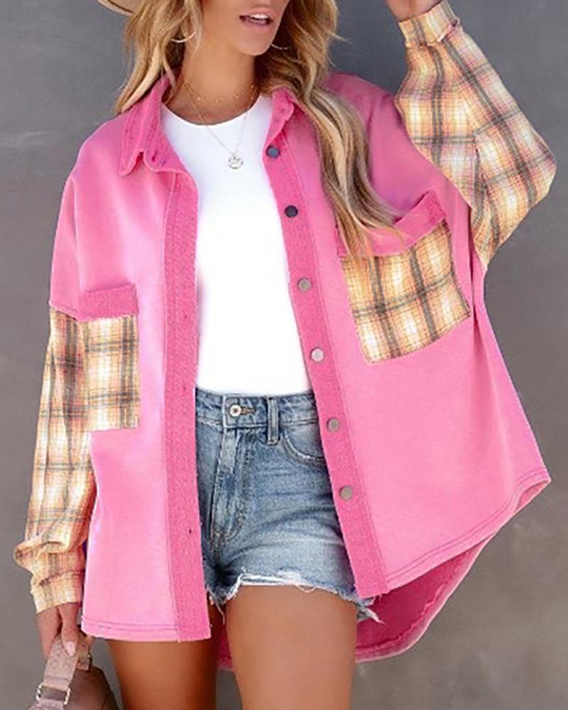 

Button Pocket Decor Plaid Print Top, Pink