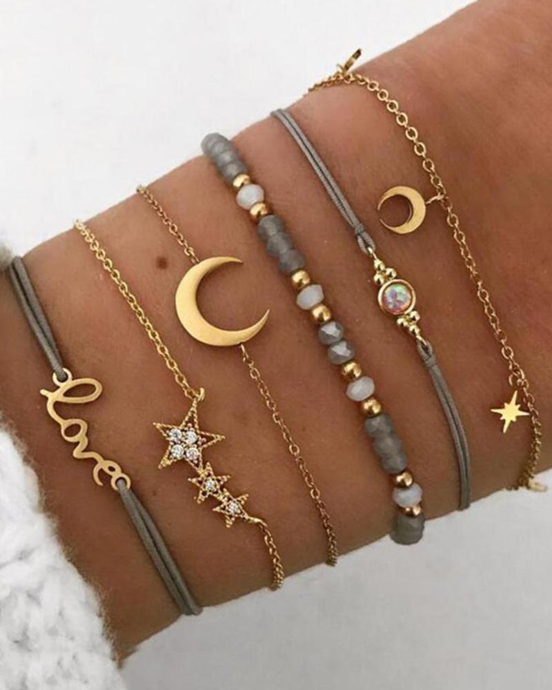 

6PCS Clan Rhinestone Beaded Moon Star Letter Pattern Bracelets, Gold