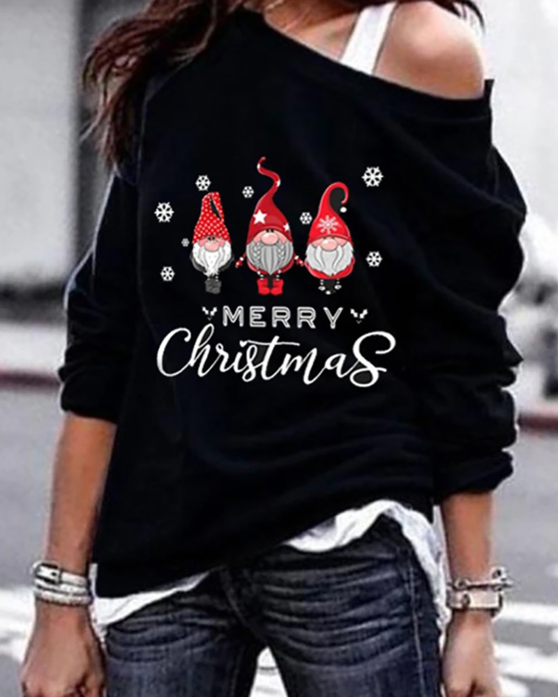 

Christmas Santa Gnome Print Long Sleeve Sweatshirt, Black