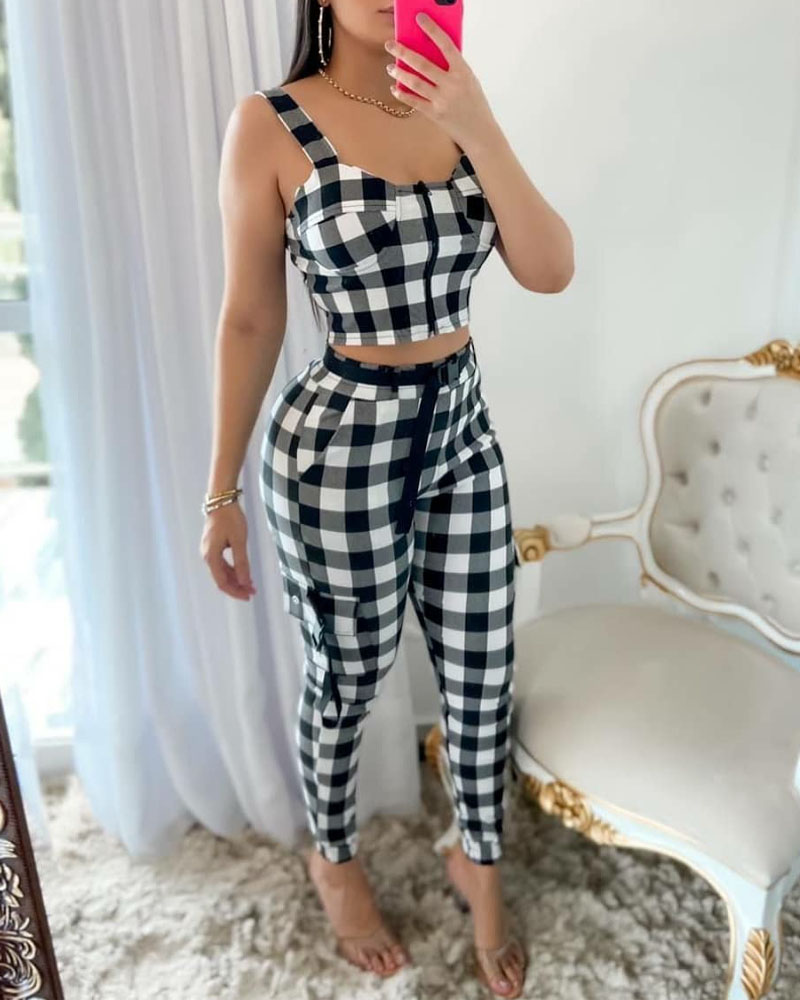 

Plaid Print Cami Crop Top & Pants Set, Black