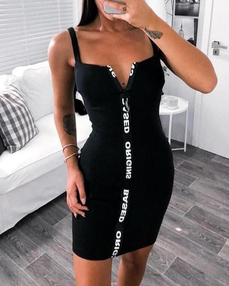 

Letter Print V-Cut Sleeveless Bodycon Dress, Black