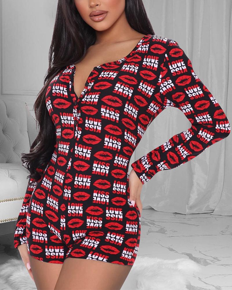 

Lip Letter Print Button Front Long Sleeve Adult Onesie, Red