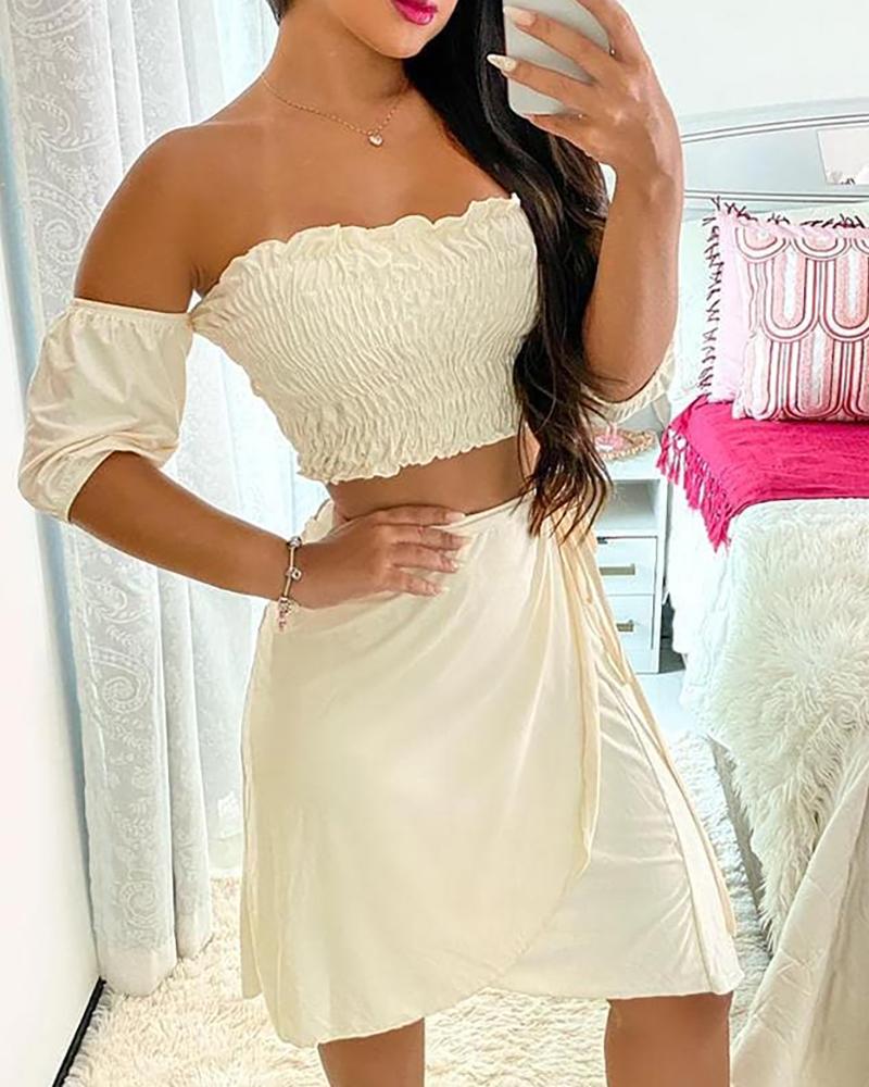 

Shirred Off Shoulder Top & Tied Detail Skirt Set, White