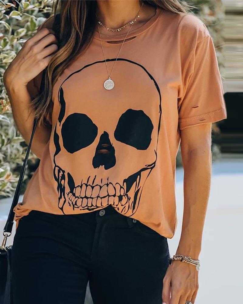 

Skeleton Print Short Sleeve T-shirt, Brown