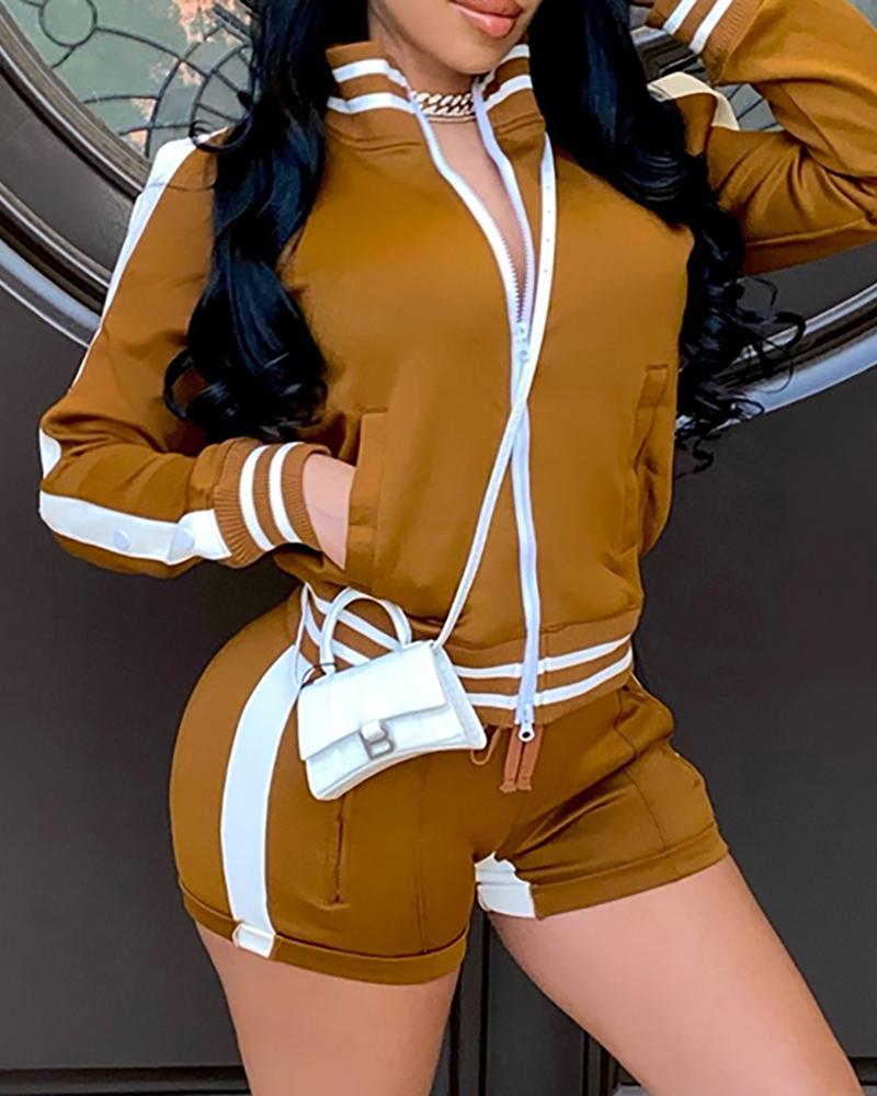 

Patchwork V Neck Long Sleeve Top & Shorts Set, Brown