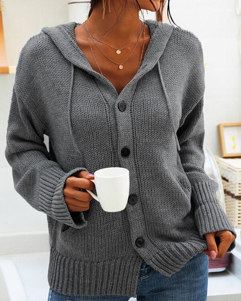 

Long Sleeve Button Front Hooded Cardigan, Gray