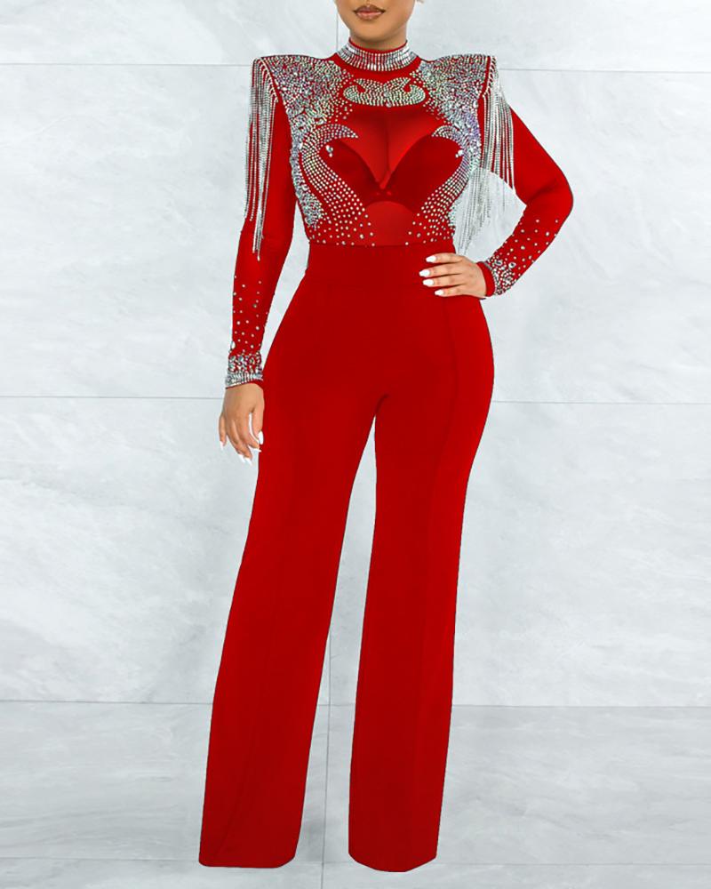 

Rhinestone Tassel Design Sheer Mesh Jumpsuit, Red