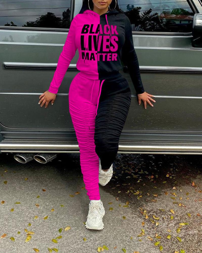 

Colorblock Letter Print Long Sleeve Hoodies Suit Sets, Hot pink