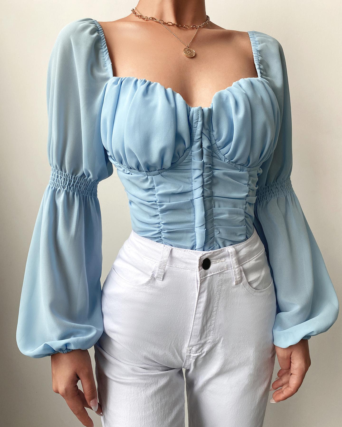 

Puff Lantern Sleeve Shirring Detail Corset Top, Blue