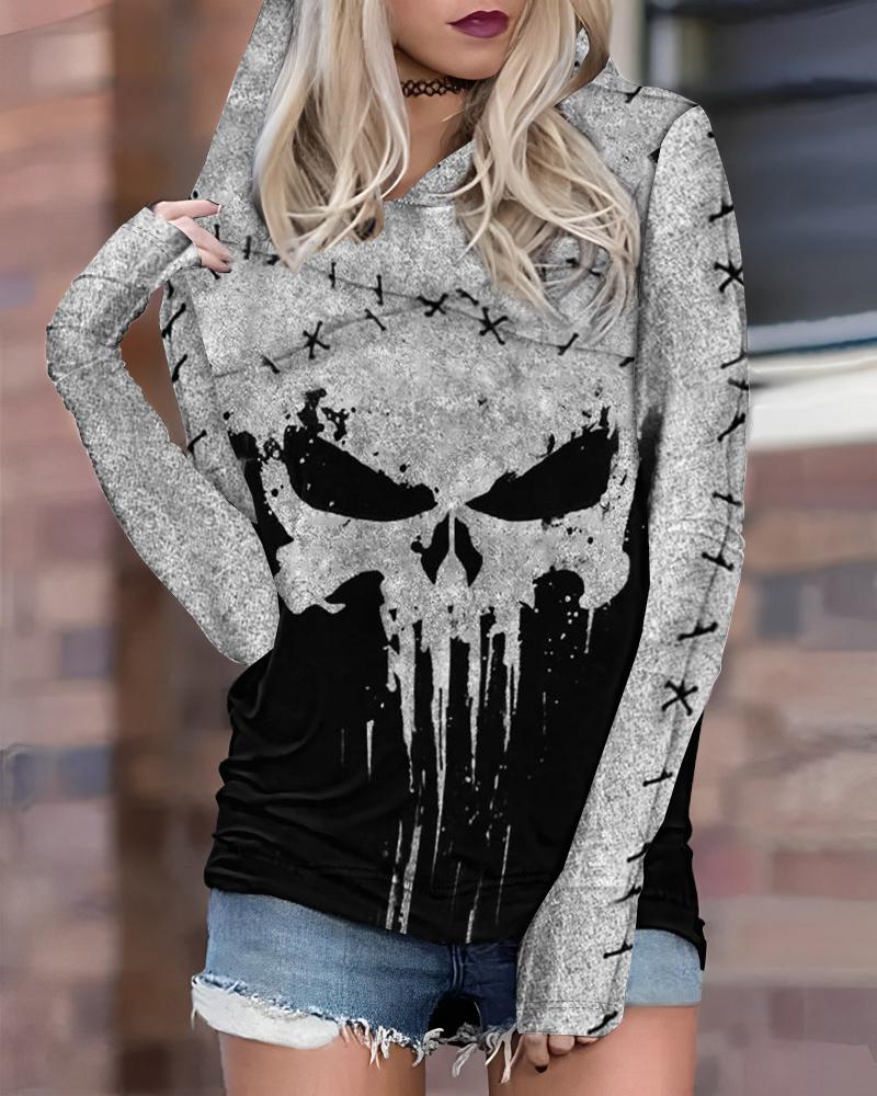 

Halloween Melting Skull Print Long Sleeve Hoodie, Gray