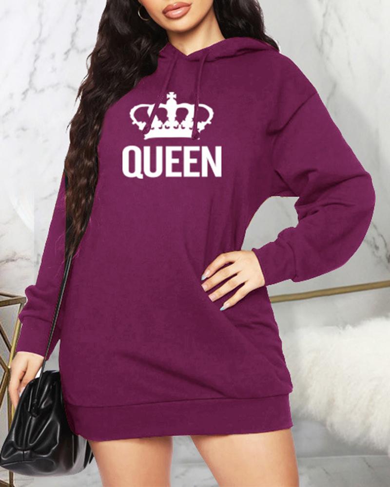 

Crown Letter Print Long Sleeve Hooded Dress, Purple