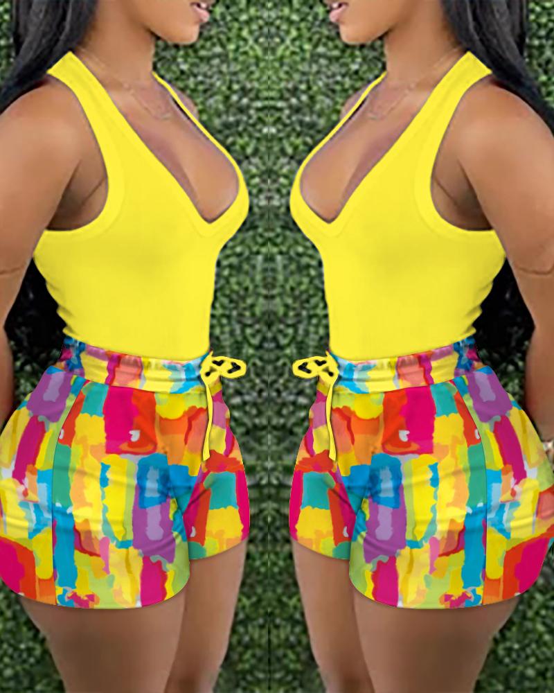 

Melting Colors All-over Print Tank Top & Shorts Set, Yellow