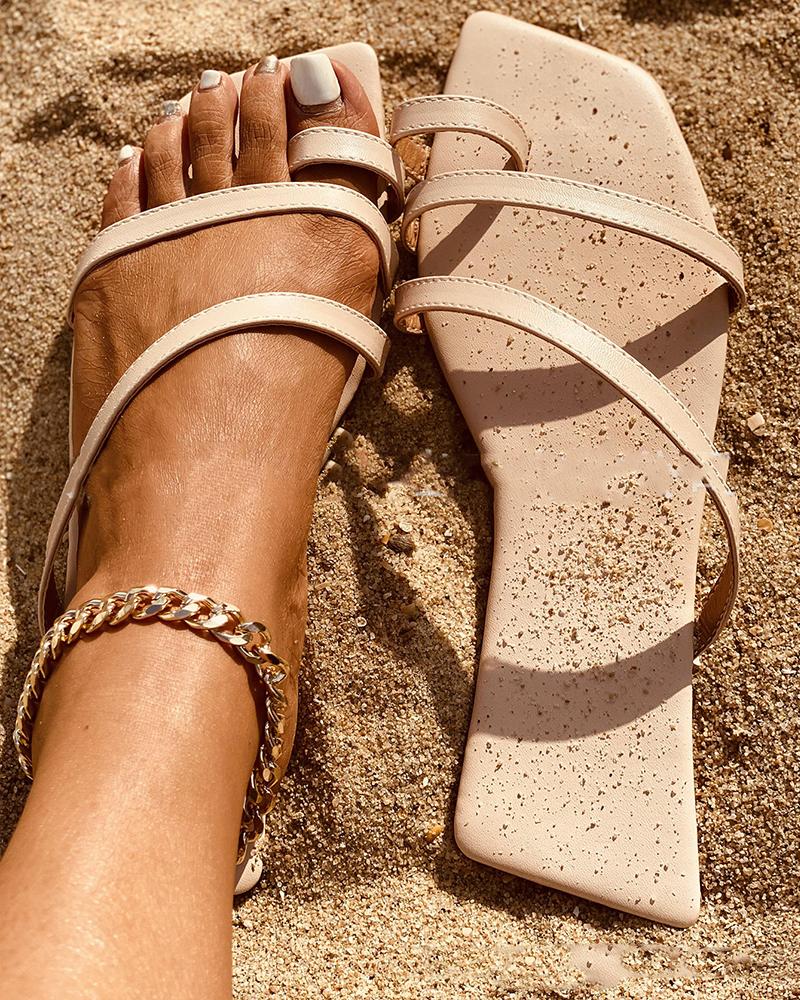 

Square-toe Solid Color PU Leather Strappy Flip-flop Slippers, Beige