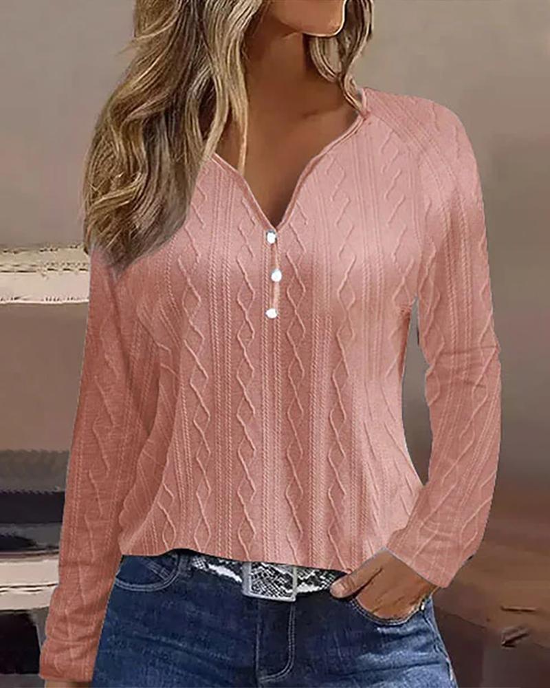 

Notch Neck Long Sleeve Cable Textured Top, Pink