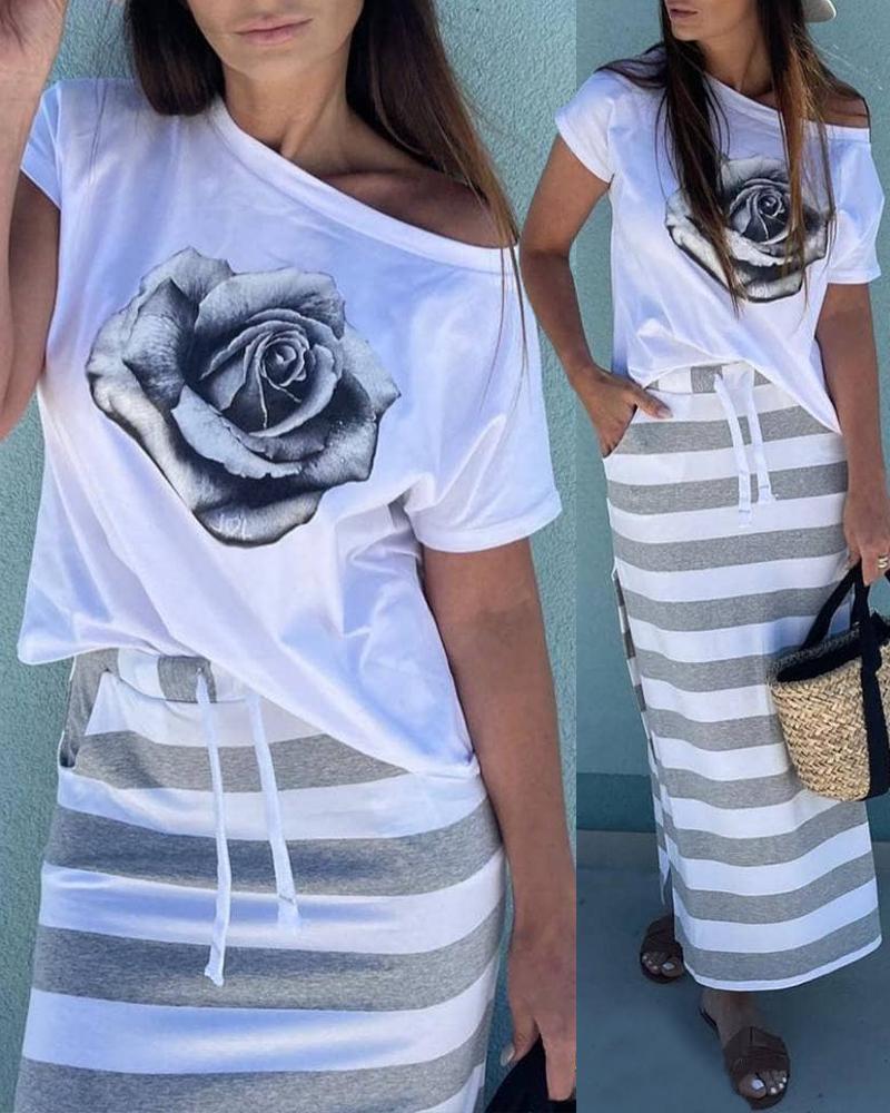 

Floral Print Casual Top & Striped Slit Skirt Set, Gray