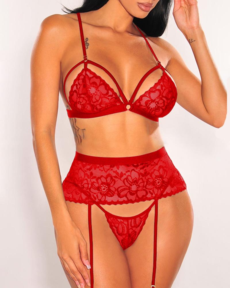 

Sleeveless Crochet Lace Cutout Garter Lingerie Set, Red