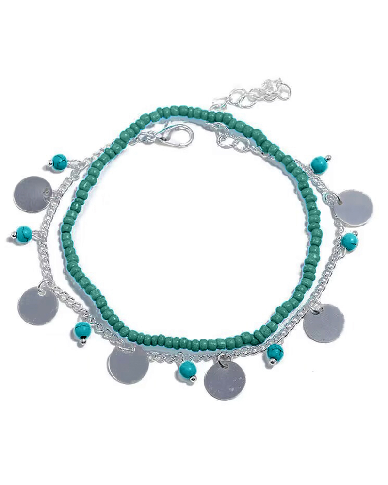 

2pcs Stackable Beaded Disc Bohemian Summer Beach Anklets Set, Silver