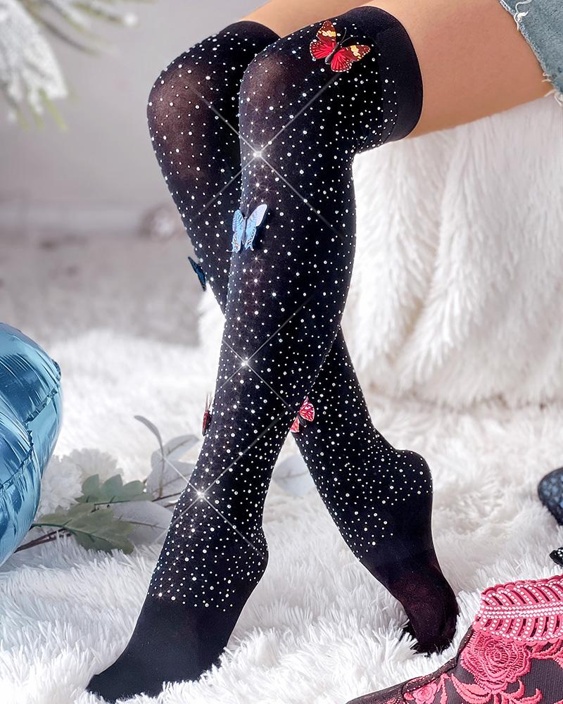 

1Pair Butterfly Rhinestone Over The Knee Socks, Black