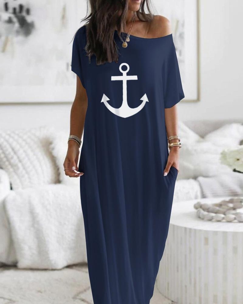 

Vestido largo holgado informal con diseño de bolsillos, manga corta, hombros descubiertos y estampado de ancla, Purplish blue