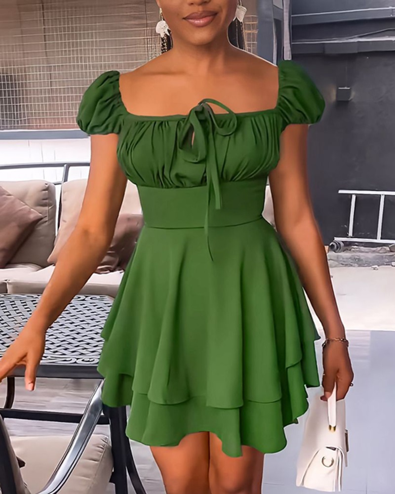 

Puff Sleeve Layered Ruffles Casual Dress, Green