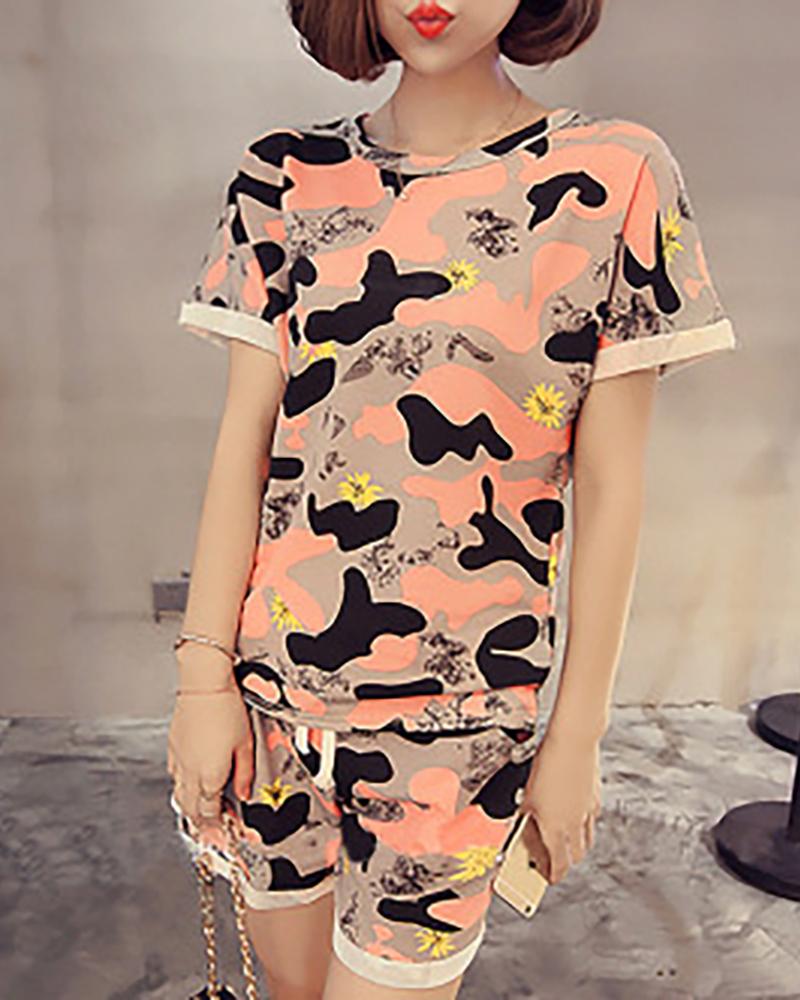 

Round Neck Print Pajamas Set, Orange