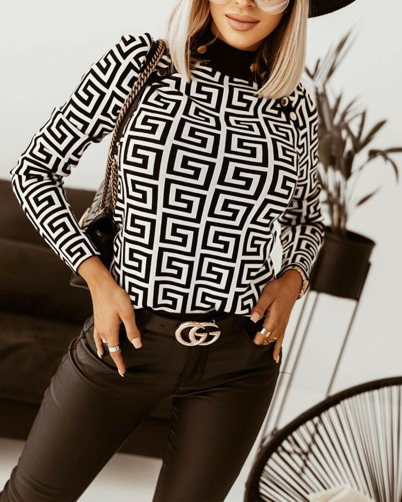 

Geo Print Button Detail Long Sleeve Top, Black