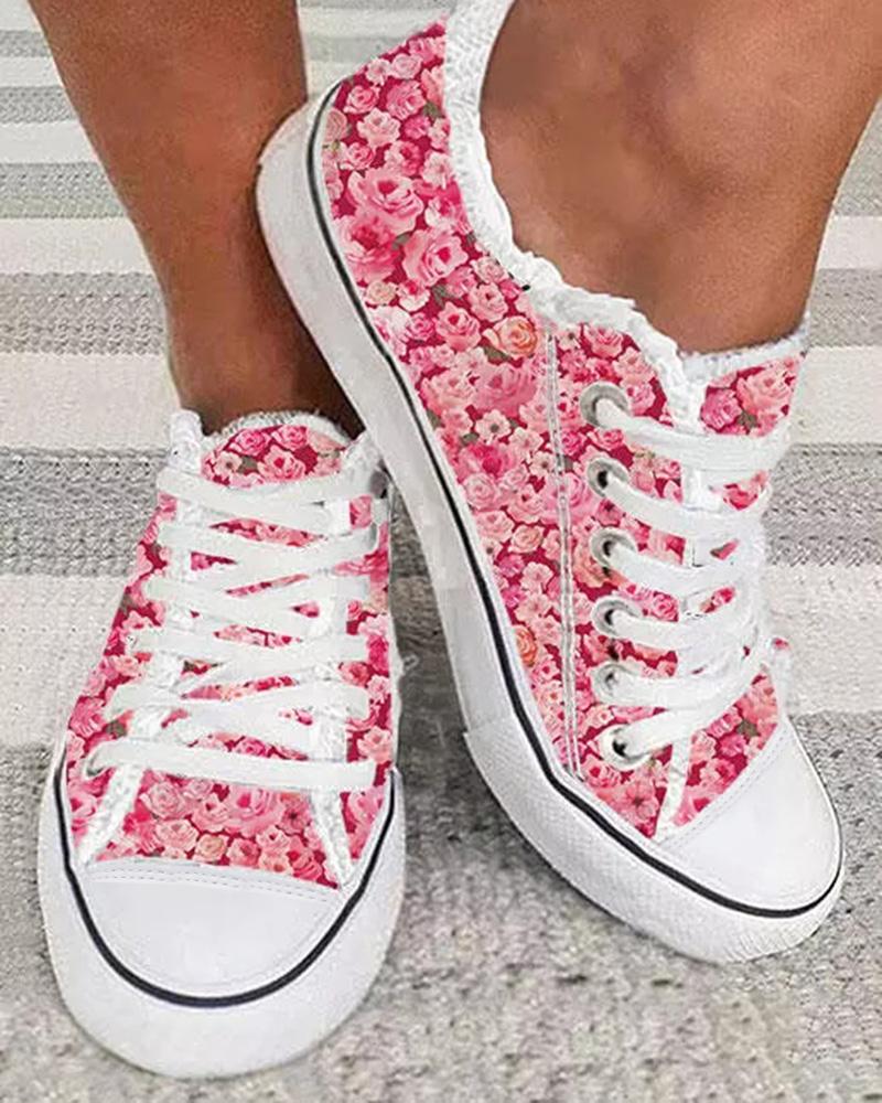 

Floral Print Lace-up Fringe Hem Sneakers, Pink