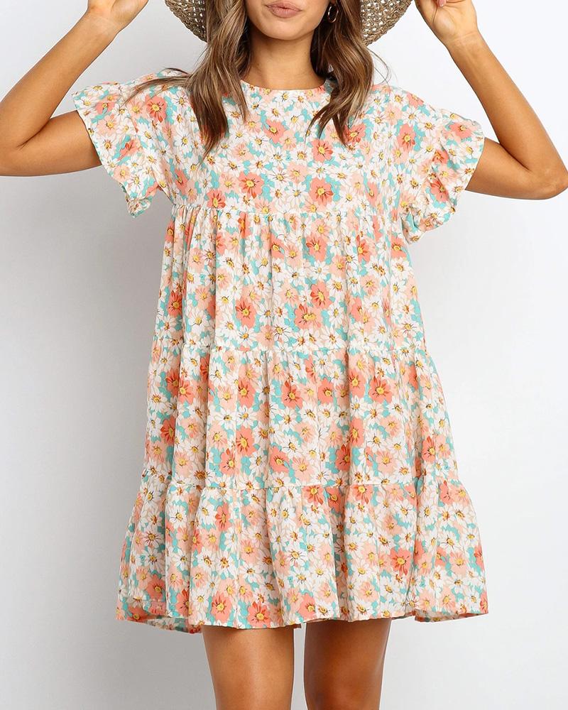 

Floral Print Ruffles Mini Women Dress, Pink