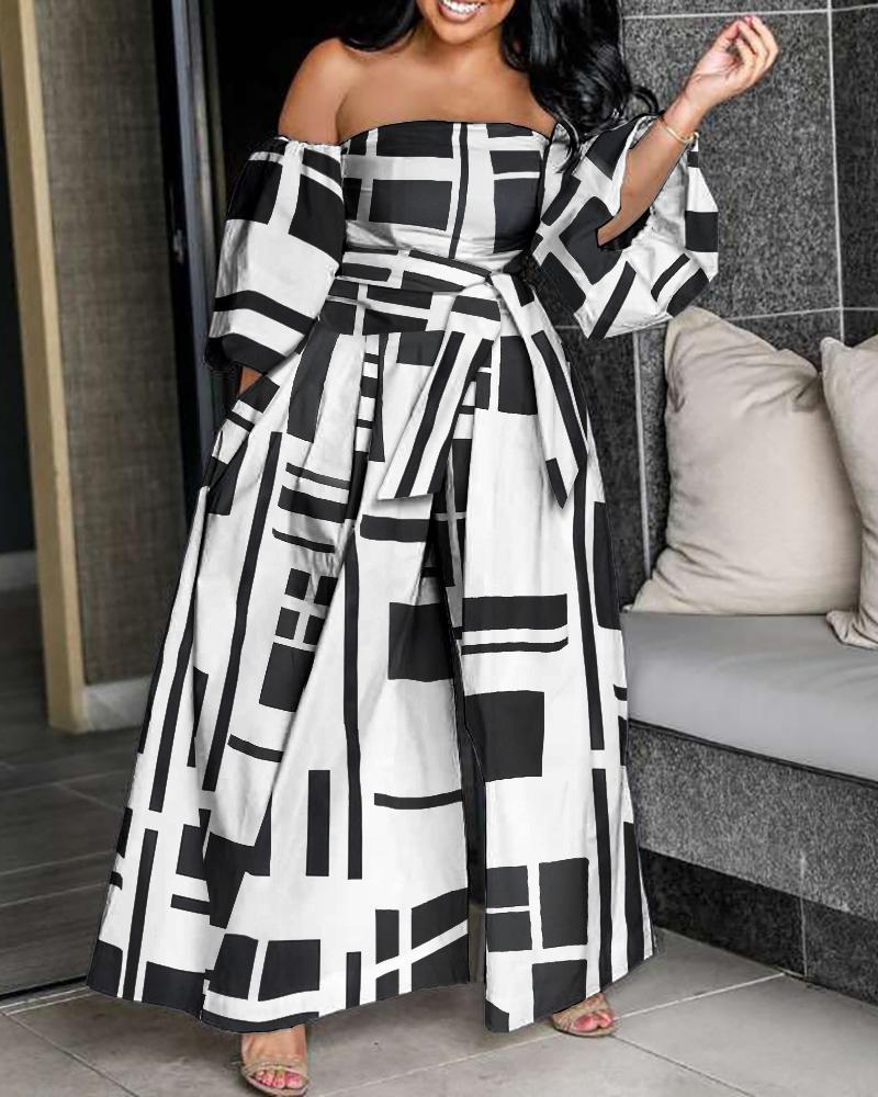 

All Over Print Off Shoulder Lantern Sleeve Wide Leg Jumpsuit, Black