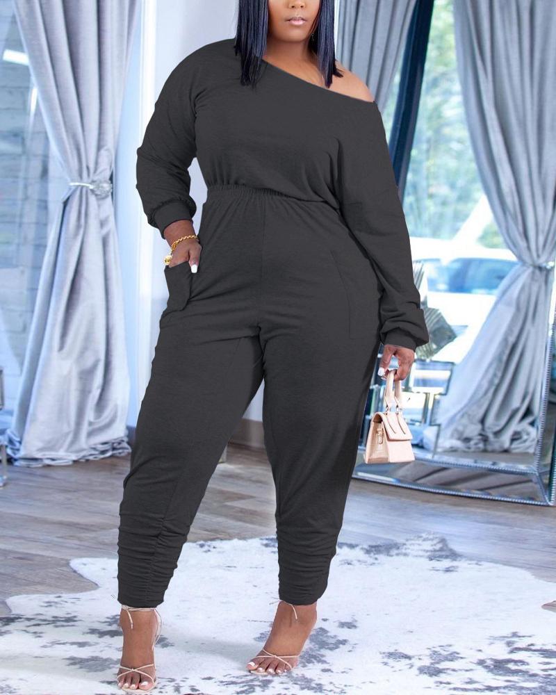 

Pocket Design Long Sleeve Ruched Jumpsuit, Black