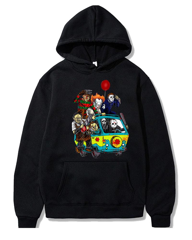 

Halloween Scary Cartoon Figure Print Hoodie, Black